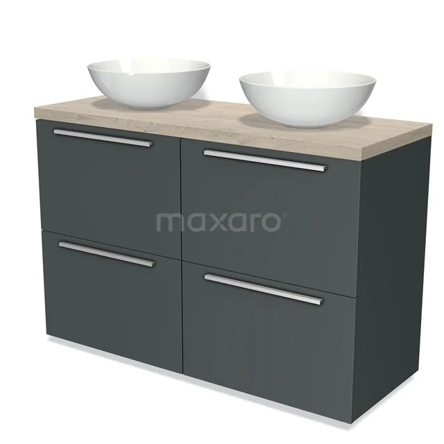 Modulo Plato Vanity units for countertop basin | 120 cm Dark grey Flat front Light grey oak worktop 4 high drawers BMK14-00176