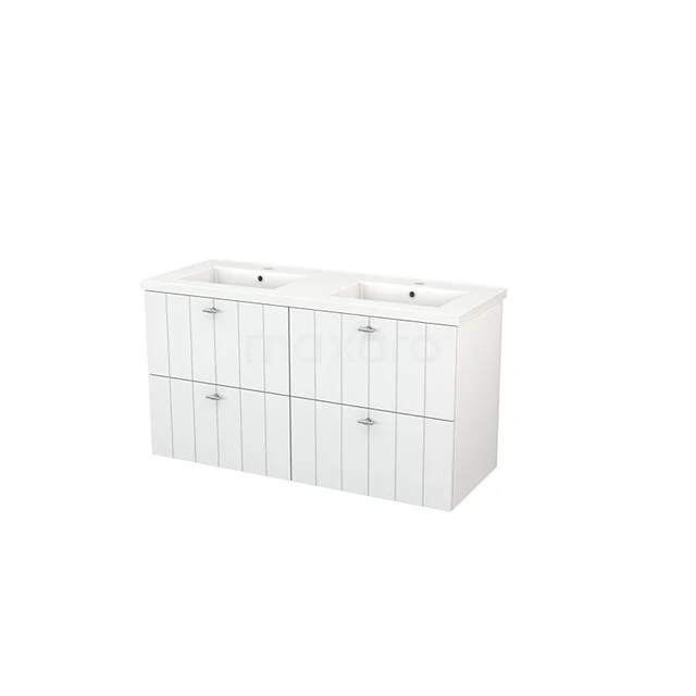 Modulo+ Bathroom furniture with sink | 120 cm High-gloss white Slat front Ceramic 4 drawers BMP003941 White bathroom unit with double basin, four drawers and vertical grooves, ideal for modern bathroom storage.
