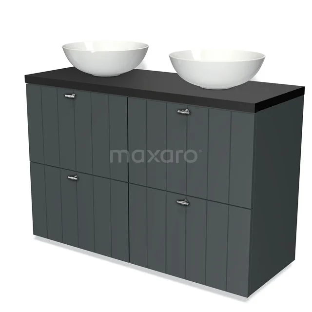 Modulo Plato Vanity units for countertop basin | 120 cm Dark grey Slat front Matte black worktop 4 high drawers BMK14-00183