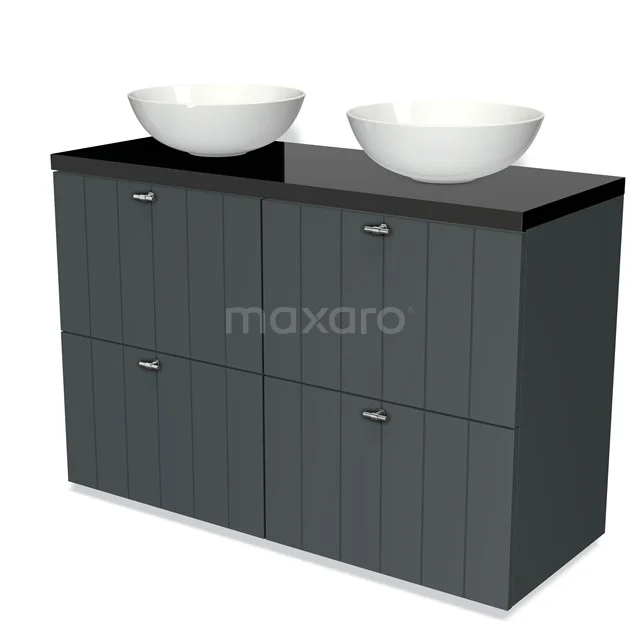 Grauer Badschrank mit schwarzer Platte und zwei weißen Aufsatzwaschbecken, modernes Design, ideal für stilvolle Badezimmerlagerung.