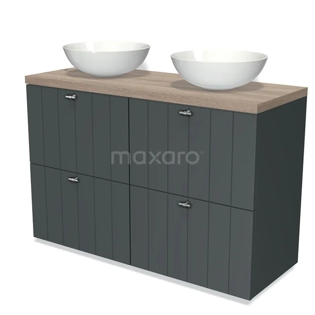 Modulo Plato Vanity units for countertop basin | 120 cm Dark grey Slat front Oak worktop 4 high drawers BMK14-00189