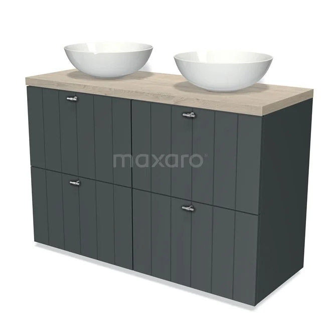 Modulo Plato Vanity units for countertop basin | 120 cm Dark grey Slat front Light grey oak worktop 4 high drawers BMK14-00190