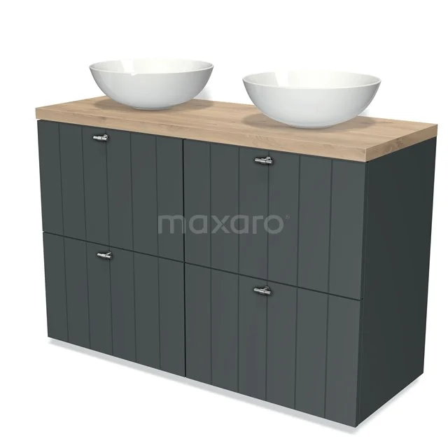 Modulo Plato Vanity units for countertop basin | 120 cm Dark grey Slat front Light brown oak worktop 4 high drawers BMK14-00191