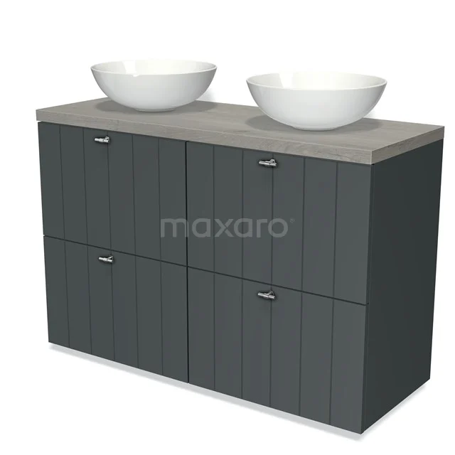 Modulo Plato Vanity units for countertop basin | 120 cm Dark grey Slat front Grey oak worktop 4 high drawers BMK14-00194