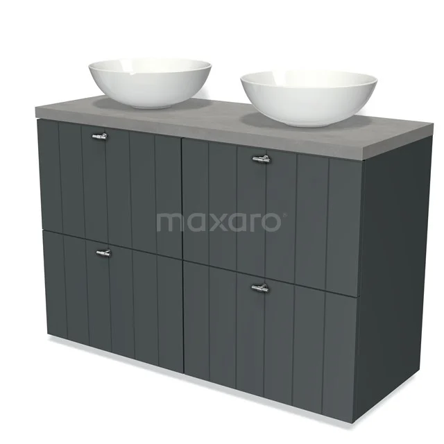 Badmöbel für Waschtischunterschrank mit Konsole 120cm Modulo Plato Dunkelgrau 4 hohe Schubladen Lamelle hellgrauer Beton Platte BMK14-00195 Grauer Badschrank mit 4 Schubladen, Holzoptik-Finish und doppelten weißen Waschbecken, modernes Design für stilvolle Bäder.