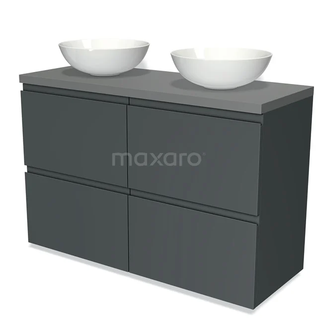 Badmöbel für Aufsatzwaschbecken 120cm Modulo Plato Dunkelgrau 4 hohe Schubladen Grifflose Platte Mittelgrau BMK14-00198 Antrazitgraues Badezimmer mit doppelten weißen Aufsatzwaschbecken, schlankem Design und großzügigem Stauraum für ein modernes Badezimmer.