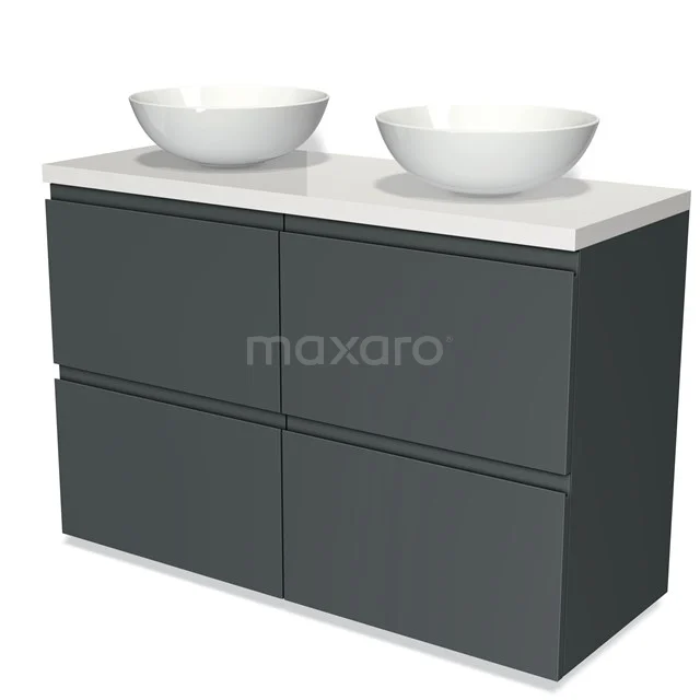 Badmöbel für Waschtischunterschrank 120cm Modulo Plato Dunkelgrau 4 hohe Schubladen Grifflos Hochglanz Weiß Platte BMK14-00199 Dunkelgraue Badmöbelset mit Doppelwaschbecken, weißen Schalen und schnörkellosem Design, ideal für einen modernen Badezimmerstil.