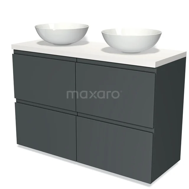 Badmöbel für Waschtischunterschrank mit Konsole 120cm Modulo Plato Dunkelgrau 4 hohe Schubladen Grifflose Dunkelgraue Platte BMK14-00200 Dunkelgraues Doppelwaschbeckenmöbel mit matter Oberfläche, weißen Keramikkommen und Softclose-Schubladen, perfekt für moderne Bäder.