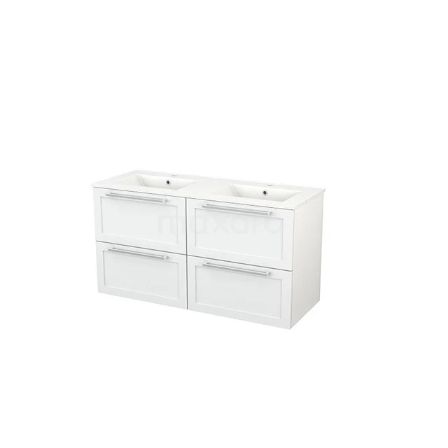 Weißes Badezimmermöbel mit Doppelwaschbecken, vier Schubladen und modernem Design, ideal für moderne Bäder.