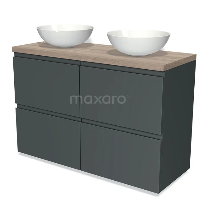 Modulo Plato Badmöbel mit Aufsatzwaschbecken | 120 cm Dunkelgrau Grifflos front Eiche blatt 4 hohe Schubladen BMK14-00203 Graue Badmöbelset mit doppelten runden Aufsatzwaschbecken, holzfarbener Platte und modernem Erscheinungsbild, perfekt für jedes Badezimmer.