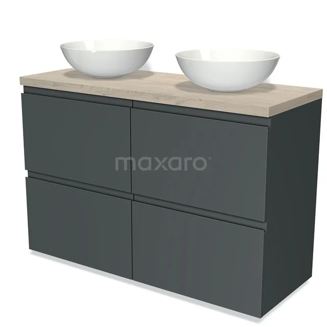 Grau Badmöbel mit vier Schubladen, Holzplatte und zwei runden weißen Aufsatzwaschbecken; modernes Design für ein stilvolles Badezimmer.