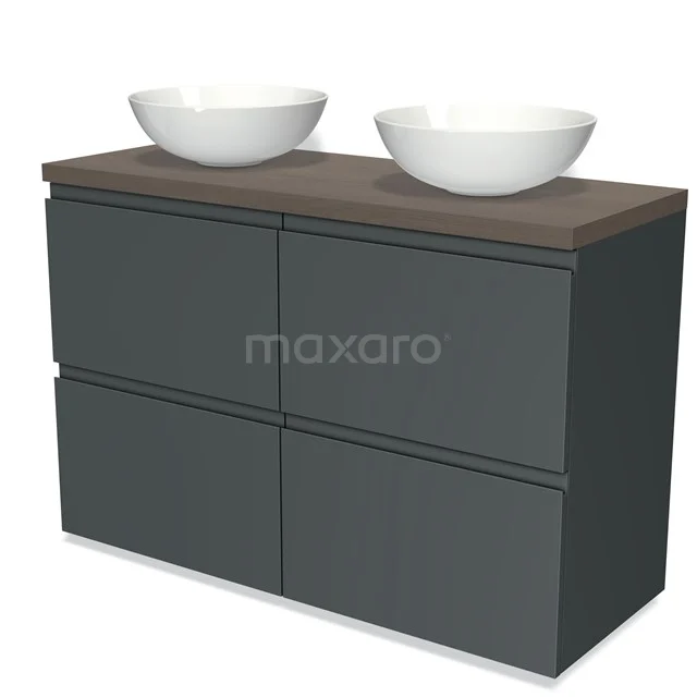 Dunkelgraue Badmöbelset mit Holzplatte und zwei weißen Aufsatzwaschbecken, modernes Design für ein stilvolles Badezimmer.