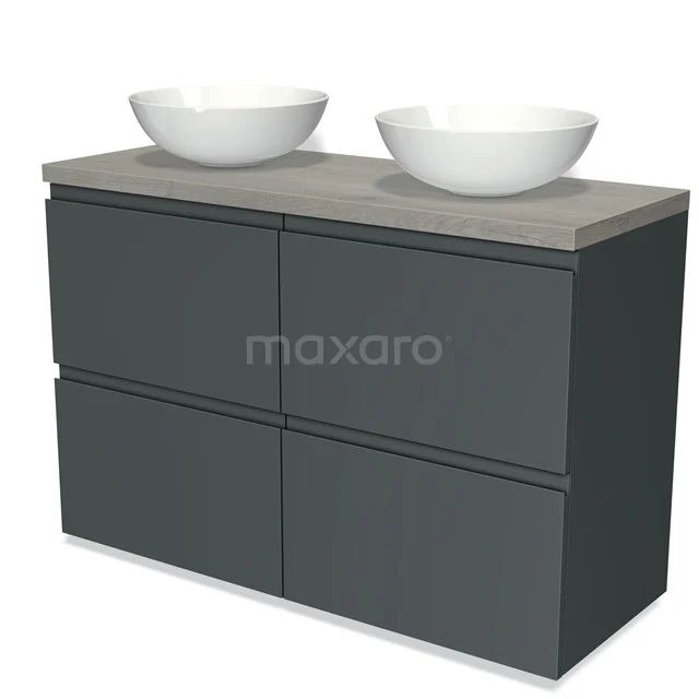 Antrazit Badmöbel mit doppelten weißen Aufsatzwaschbecken und Betongrau Platte, straffes Design, geeignet für moderne Bäder.