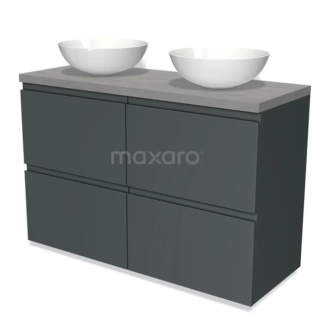 Modulo Plato Badmöbel mit Aufsatzwaschbecken | 120 cm Dunkelgrau Grifflos front Hellgrauer Beton blatt 4 hohe Schubladen BMK14-00209 Dunkelgraue Badmöbel mit vier Schubladen, Betonlook Waschtischplatte und zwei weißen runden Aufsatzwaschbecken, perfekte Aufbewahrungslösung.