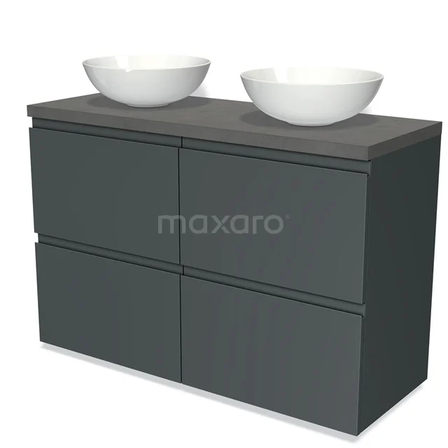 Graue Badmöbelset mit zwei weißen Aufsatzwaschbecken und einer keramischen Arbeitsplatte, modernes Design für stilvolles Badezimmer.