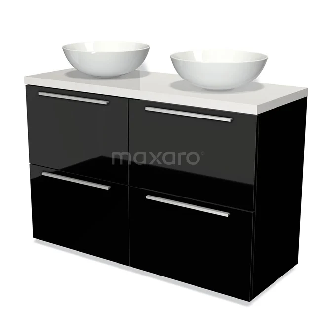 Black glossy bathroom unit with double white countertop wash basins and four drawers, modern design with metal handles.