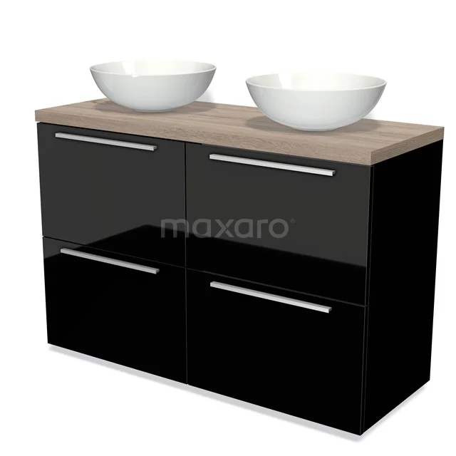 Schwarzer Badschrank mit Holzlook Platte, doppelten weißen Aufsatzwaschbecken und vier Schubladen, modernes Design für stilvolle Badezimmerinrichtung.