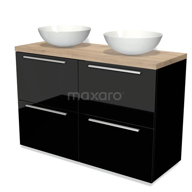 Black bathroom unit with high-gloss finish, wooden top and double basins, ideal for a stylish and modern bathroom.
