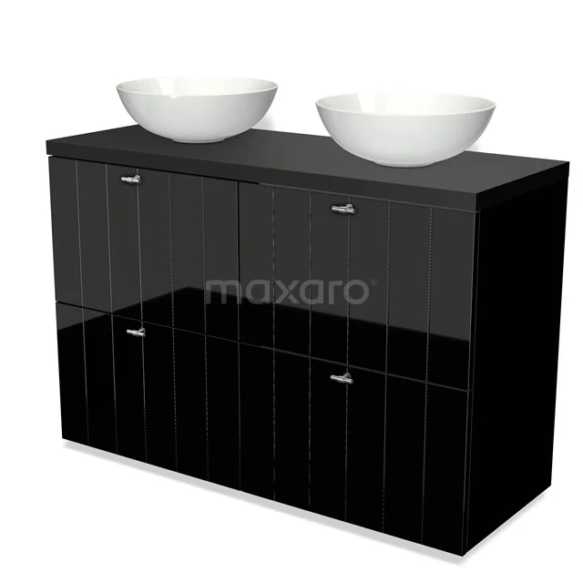 Schwarzer Badschrank mit zwei weißen Aufsatzwaschbecken, Hochglanz-Finish, modernes Design, ideal für stilvolle Badezimmergestaltung.