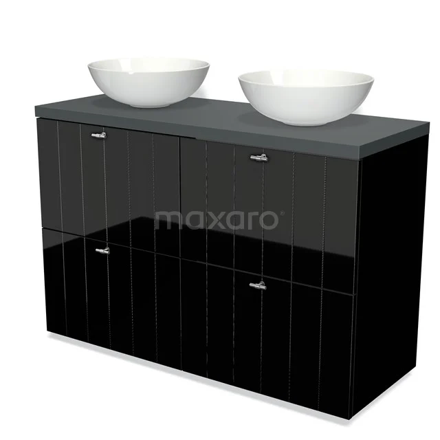Modulo Plato Vanity units for countertop basin | 120 cm High-gloss black Slat front Dark grey worktop 4 high drawers BMK14-00229 Black glossy bathroom unit with two white vanity units for countertop wash basins, sleek finish and generous storage space for a modern bathroom style.