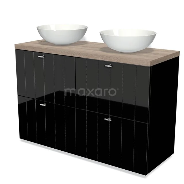 Modulo Plato Badkamermeubel voor waskom | 120 cm Hoogglans zwart Lamel front Eiken blad 4 hoge lades BMK14-00231