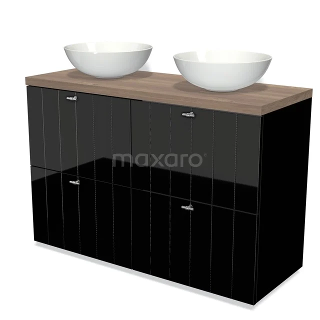 Modulo Plato Badmöbel mit Aufsatzwaschbecken | 120 cm Hochglanz Schwarz Lamelle front Mittelbraune Eiche blatt 4 hohe Schubladen BMK14-00234 Schwarz glänzendes Badmöbel mit Holzplatte, doppelten weißen Aufsatzwaschbecken und modernem Design.