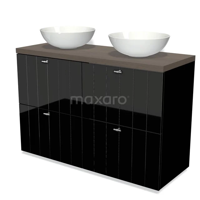 Schwarzer Badschrank mit Holzlook Platte und zwei weißen Aufsatzwaschbecken, modernes Design für stilvolle Badezimmerlagerung.