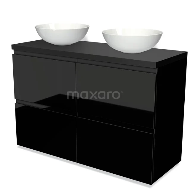 Modulo Plato Vanity units for countertop basin | 120 cm High-gloss black Handle-less front Matte black worktop 4 high drawers BMK14-00239 Black gloss bathroom unit with two white top washbasins, modern style, spacious storage drawers for an organised bathroom.