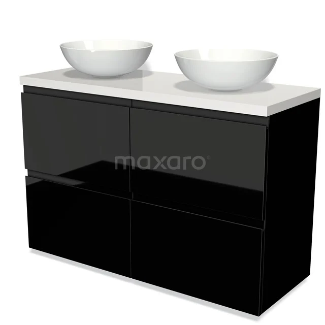 Modulo Plato Vanity units for countertop basin | 120 cm High-gloss black Handle-less front High-gloss white worktop 4 high drawers BMK14-00241 Black bathroom furniture set with high-gloss finish, double white countertop wash basins and four drawers for stylish and functional storage space.