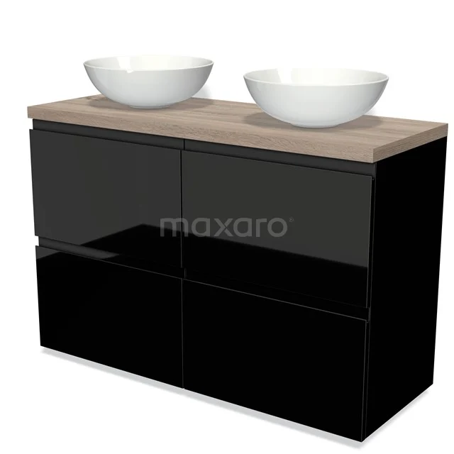Schwarzes Badmöbel mit Holzlook Platte, zwei runde weiße Waschbecken und vier Schubladen; modernes Design für stilvolles Badezimmerinterieur.