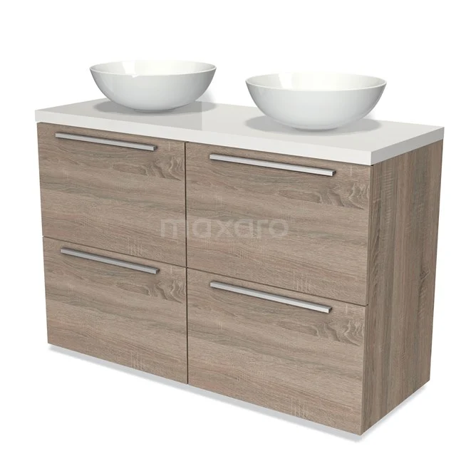 Badmöbel für Waschtischunterschrank mit Konsole 120cm Modulo Plato Eiche 4 hohe Schubladen Flach Hochglanz Weiß Platte BMK14-00255 Hölzernes Badezimmermöbel mit doppeltem Aufsatzwaschbecken, modernes Design, helle Holzfarbe und metallischen Haltegriffen, ideal für stilvolle Bäder.