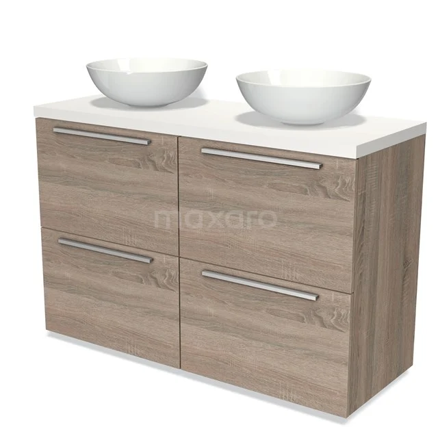 Holz-Badmöbel mit doppelten weißen Aufsatzwaschbecken, modernes Design, vier Schubladen mit metallischen Haltegriffen.