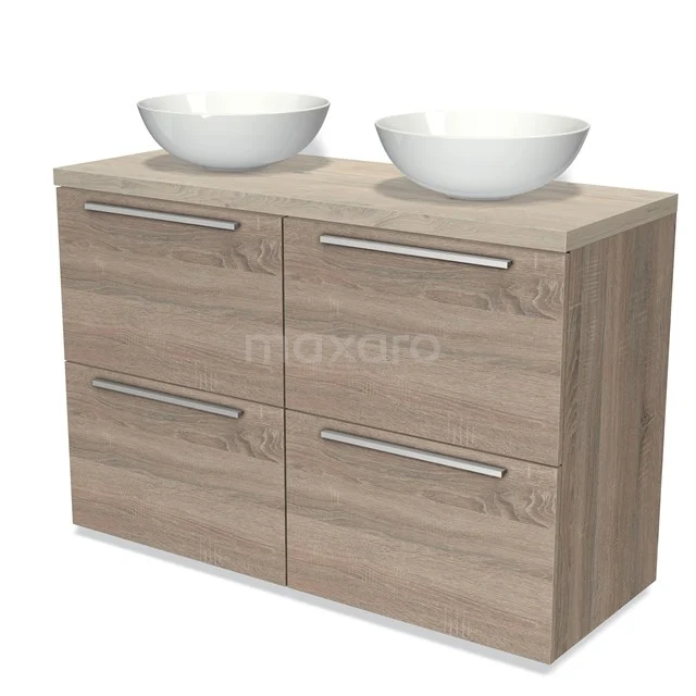 Eichen Badezimmermöbel mit zwei weißen Aufsatzwaschbecken und vier Schubladen, ideal für eine moderne Badezimmer Einrichtung.