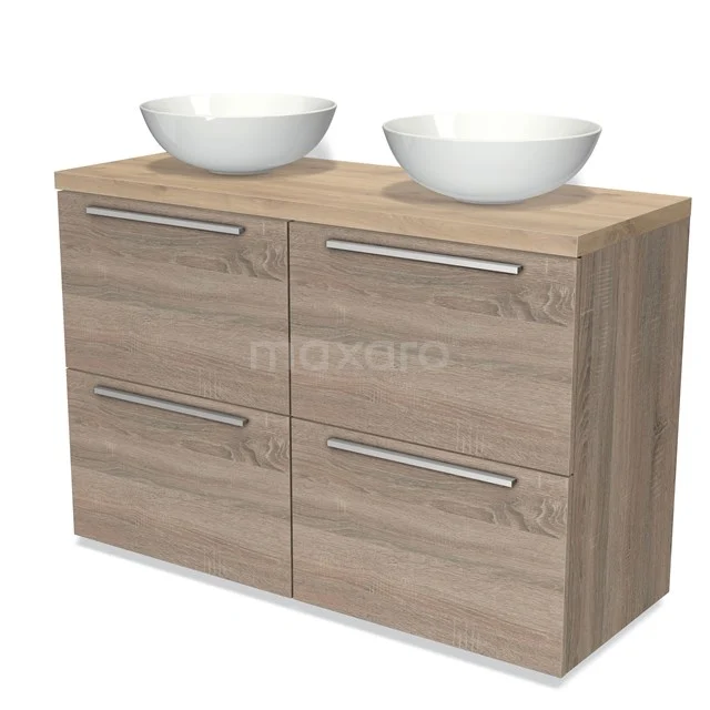 Holz Badezimmermöbel mit 4 Schubladen, natürliche Eiche Oberfläche und doppelten weißen Waschbecken, ideal für stilvollen Badezimmerraum.