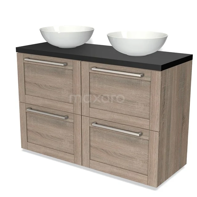 Wooden bathroom unit with black worktop and two round white countertop wash basins, modern design with four drawers.