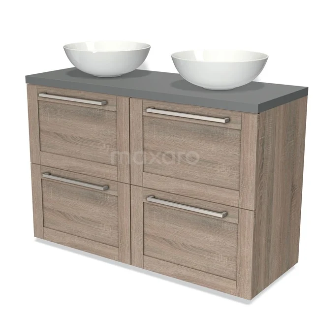 Wooden bathroom unit with grey stone worktop, two white countertop wash basins and four storage drawers, modern design.