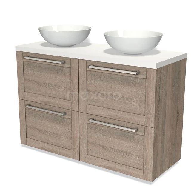 Wooden bathroom unit with double countertop wash basins, four drawers and a modern white finish, ideal for a stylish bathroom.