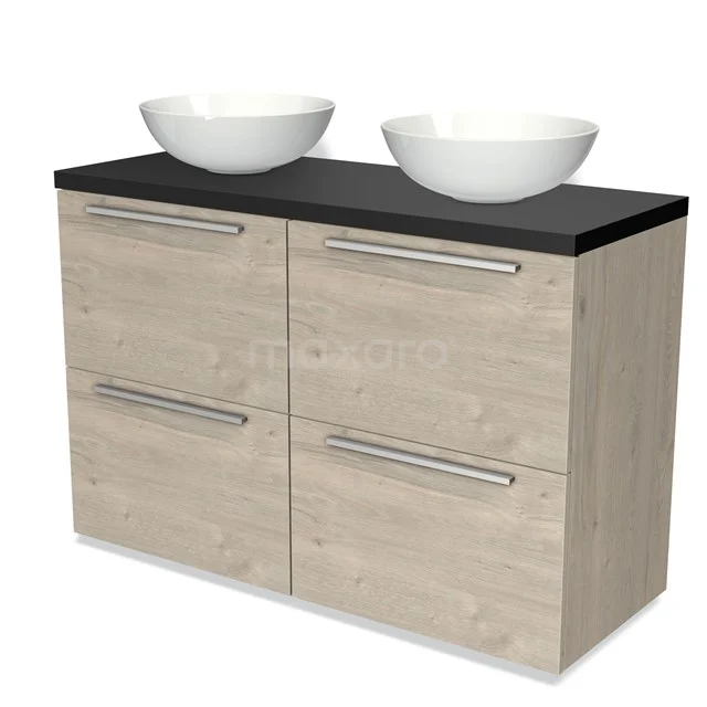 Holz Badezimmermöbel mit Schwarz Platte und zwei weißen Aufsatzwaschbecken, modernes Design, ideal für eine stilvolle Badezimmergestaltung.