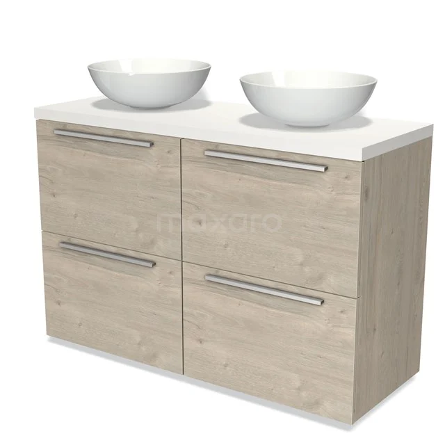 Holz-Badmöbel mit Doppelwaschbecken, vier Schubladen und modernen Griffen, ideal für stilvolle und geräumige Bäder.