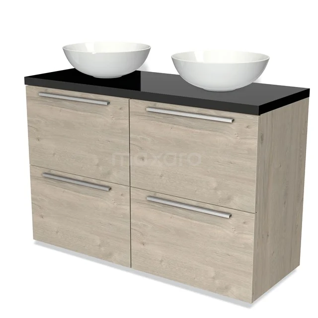 Holz Badezimmermöbel mit schwarzer Platte, vier Schubladen und doppelten weißen Aufsatzwaschbecken, ideal für einen modernen Stil.