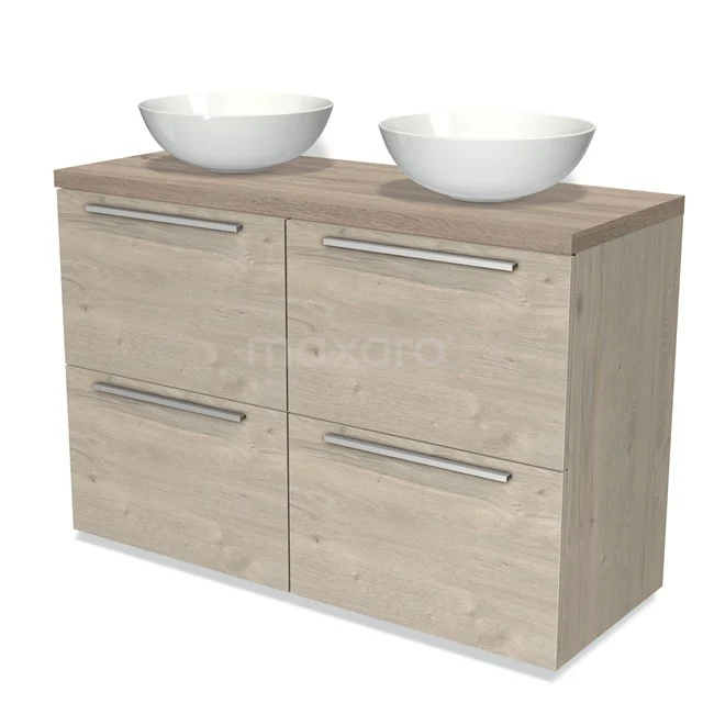 Modulo Plato Badmöbel mit Aufsatzwaschbecken | 120 cm Hellgraue Eiche Flach front Eiche blatt 4 hohe Schubladen BMK14-00287 Holz Badezimmermöbel mit zwei Aufsatzwaschbecken, heller Eiche Oberflächenbehandlung und vier Schubladen, ideal für moderne Badezimmerlagerung.