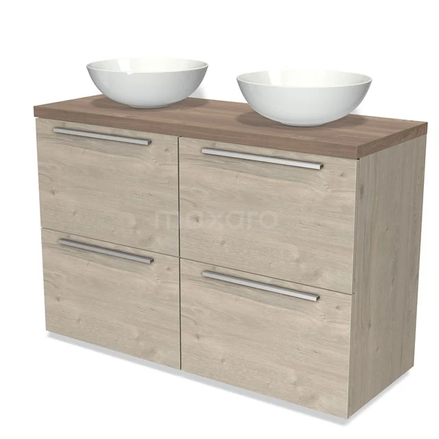 Modulo Plato Badmöbel mit Aufsatzwaschbecken | 120 cm Hellgraue Eiche Flach front Mittelbraune Eiche blatt 4 hohe Schubladen BMK14-00290 Hölzernes Badezimmermöbel mit Doppelwaschbecken, heller Eiche-Oberfläche und modernen Metallgriffen, perfekt für jedes stilvolle Badezimmer.