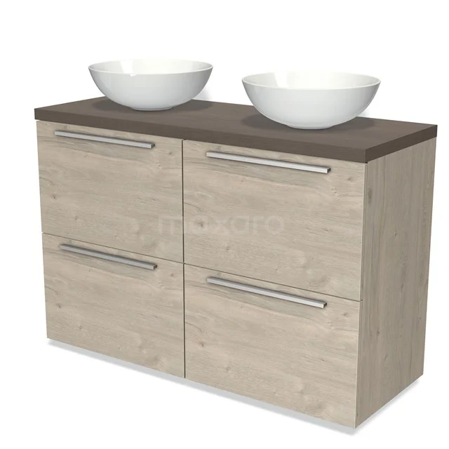 Hölzerner Badschrank mit vier Schubladen, dunklem Holzblatt und doppelten weißen Waschbecken, ideal für modernes Badezimmerdesign.