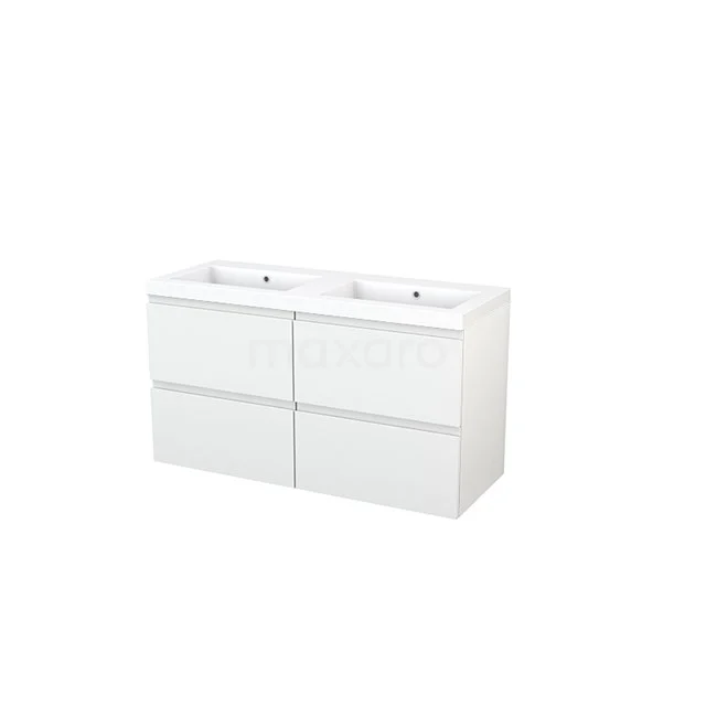 White double basin cabinet with four drawers, modern design, sturdy finish, ideal for stylish bathroom storage.