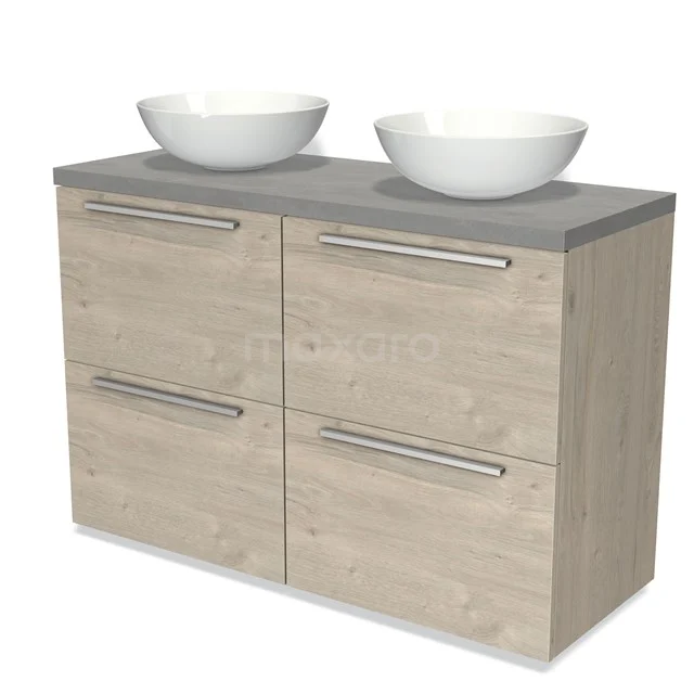 Modulo Plato Vanity units for countertop basin | 120 cm Light grey oak Flat front Light grey concrete worktop 4 high drawers BMK14-00293
