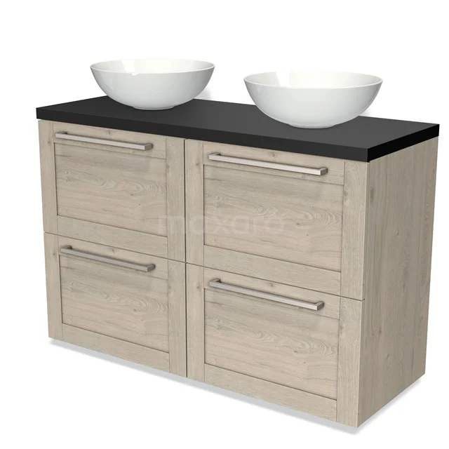 Holz-Badmöbel mit vier Schubladen, schwarzer Arbeitsplatte und zwei weißen runden Waschbecken. Modernes und nachhaltiges Design.