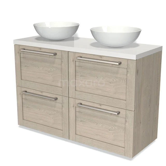 Modulo Plato Vanity units for countertop basin | 120 cm Light grey oak Frame front High-gloss white worktop 4 high drawers BMK14-00297 Wooden bathroom unit with double white vanity units for countertop wash basins, four drawers and a modern design for stylish bathroom storage.
