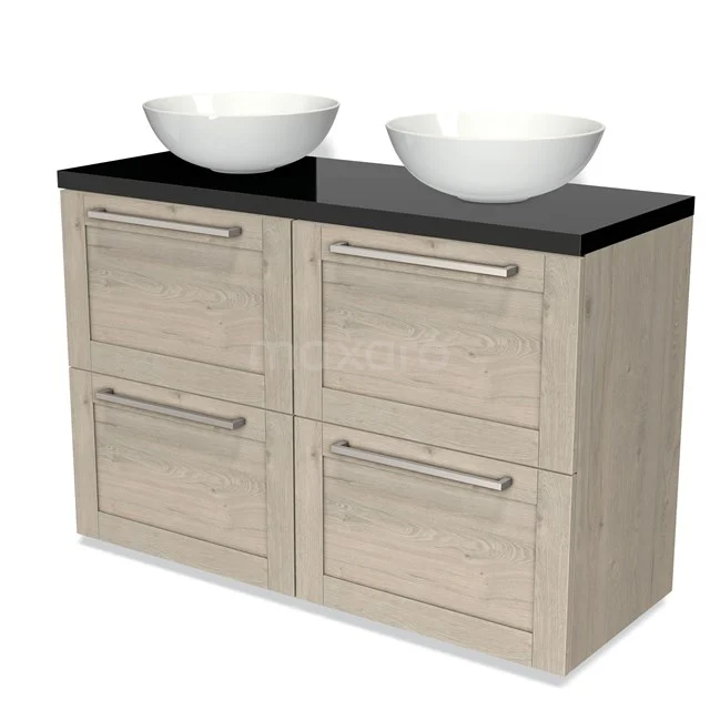 Modulo Plato Badmöbel mit Aufsatzwaschbecken | 120 cm Hellgraue Eiche Rahmen front Hochglanz Schwarz blatt 4 hohe Schubladen BMK14-00300 Holz Badezimmermöbel mit heller Eiche-Finish, Schwarz Platte und doppelten weißen Aufsatzwaschbecken, perfekt für moderne Badezimmergestaltung.