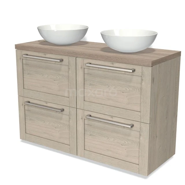 Wooden bathroom unit with two white countertop wash basins, four drawers and a modern finish in light oak colour.