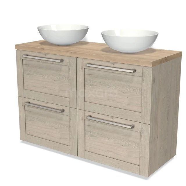 Modulo Plato Vanity units for countertop basin | 120 cm Light grey oak Frame front Light brown oak worktop 4 high drawers BMK14-00303 Wooden bathroom unit with double basin in white ceramic, four drawers and modern metal handles.
